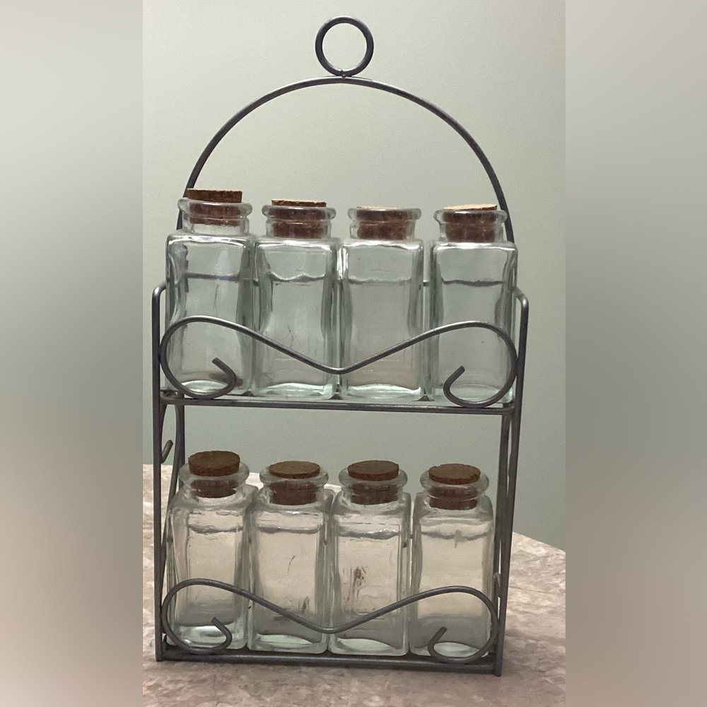 π Vintage Spice or Craft Rack 8 Glass Cork Bottles wMetal Shelβ¦